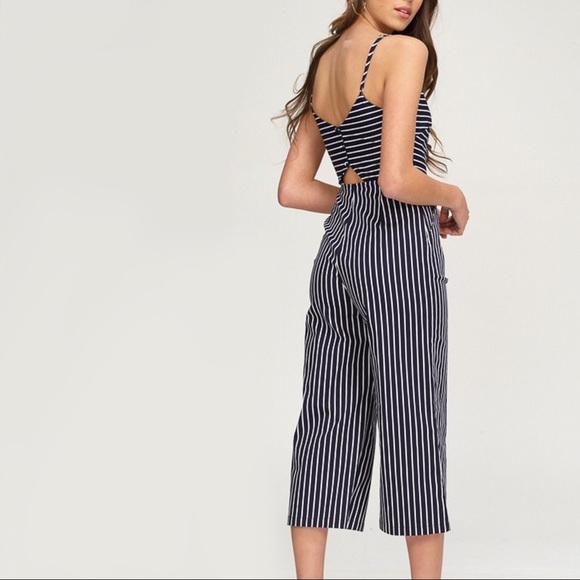 SALE! Navy Striped Wide Legged Crop Jumpsuit Capri - Picture 4 of 6